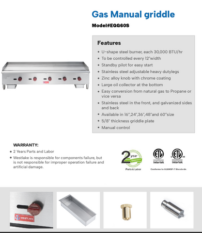 Commercial Gas Griddle, WESTLAKE EGG-60S 60" Countertop Griddle 5 Burner Plate Grill 150,000 BTU