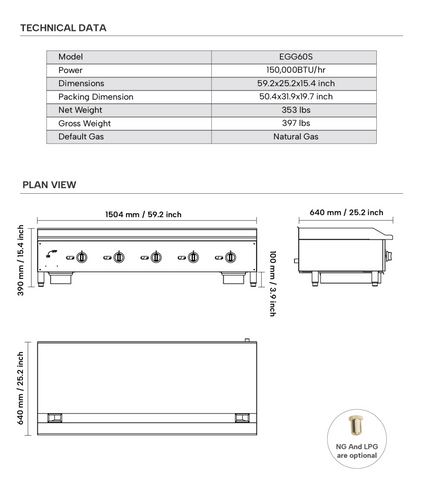 Commercial Gas Griddle, WESTLAKE EGG-60S 60" Countertop Griddle 5 Burner Plate Grill 150,000 BTU