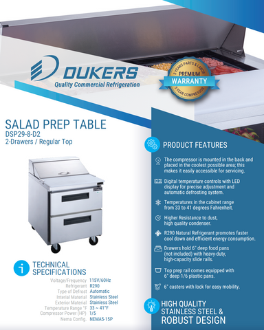 Dukers DSP29-8-D2 2-Drawer Commercial Food Prep Table Refrigerator in Stainless Steel