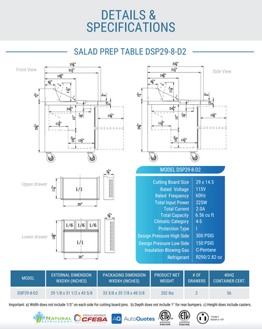 Dukers DSP29-8-D2 2-Drawer Commercial Food Prep Table Refrigerator in Stainless Steel