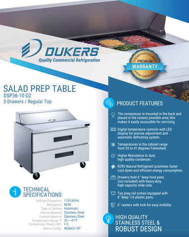 Dukers DSP36-10-D2 2-Drawer Commercial Food Prep Table Refrigerator in Stainless Steel