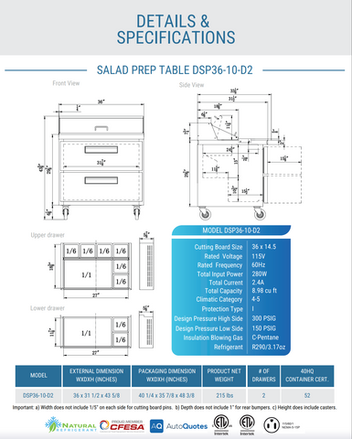 Dukers DSP36-10-D2 2-Drawer Commercial Food Prep Table Refrigerator in Stainless Steel