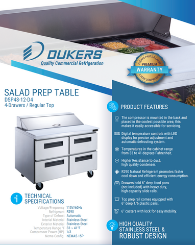 Dukers DSP48-12-D4 4-Drawer Commercial Food Prep Table Refrigerator in Stainless Steel