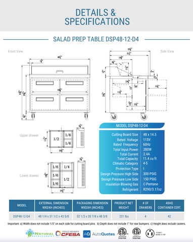 Dukers DSP48-12-D4 4-Drawer Commercial Food Prep Table Refrigerator in Stainless Steel