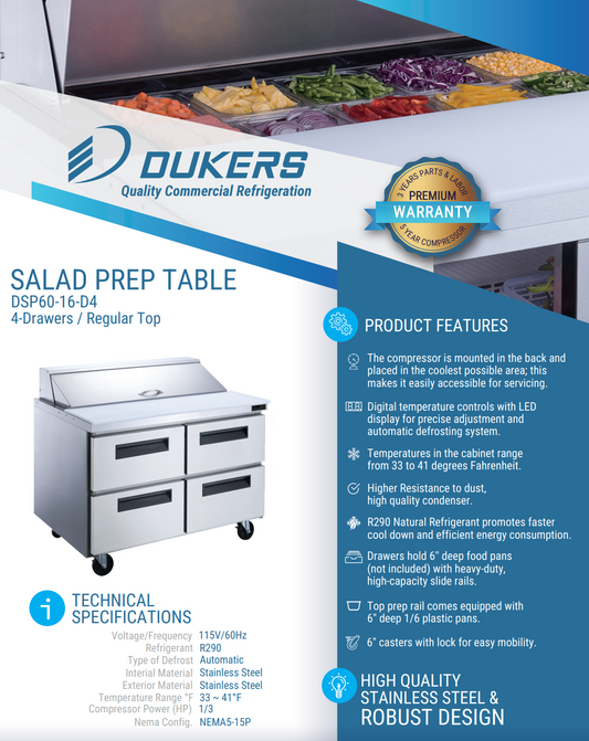 Dukers DSP60-16-D4 4-Drawer Commercial Food Prep Table Refrigerator in Stainless Steel