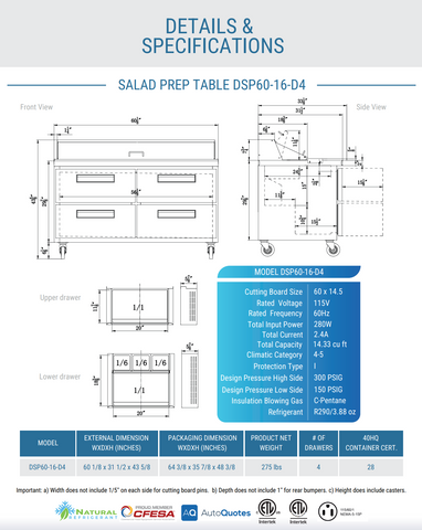 Dukers DSP60-16-D4 4-Drawer Commercial Food Prep Table Refrigerator in Stainless Steel