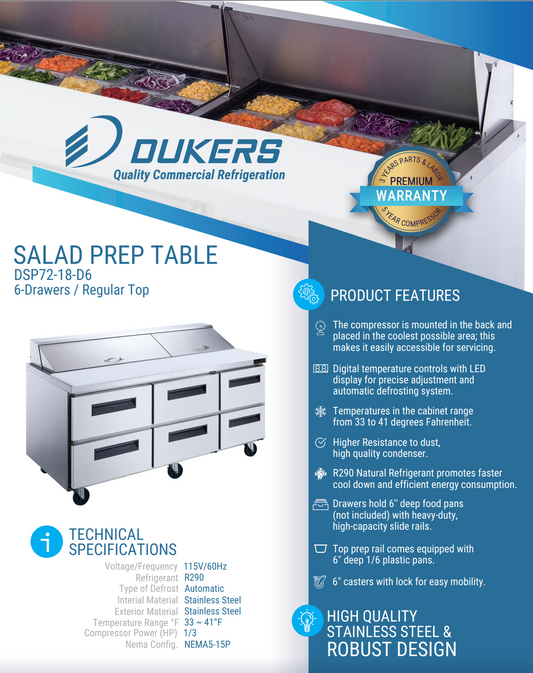Dukers DSP72-18-D6 6-Drawer Commercial Food Prep Table Refrigerator in Stainless Steel