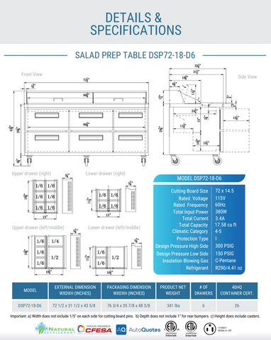 Dukers DSP72-18-D6 6-Drawer Commercial Food Prep Table Refrigerator in Stainless Steel