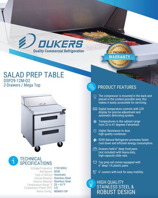 Dukers DSP29-12M-D2 2-Drawer Megatop Commercial Food Prep Table Refrigerator in Stainless Steel