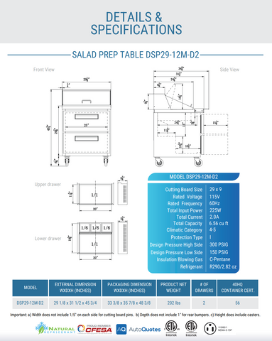 Dukers DSP29-12M-D2 2-Drawer Megatop Commercial Food Prep Table Refrigerator in Stainless Steel