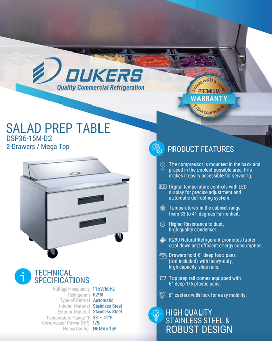 Dukers DSP36-15M-D2 2-Drawer Megatop Commercial Food Prep Table Refrigerator in Stainless Steel
