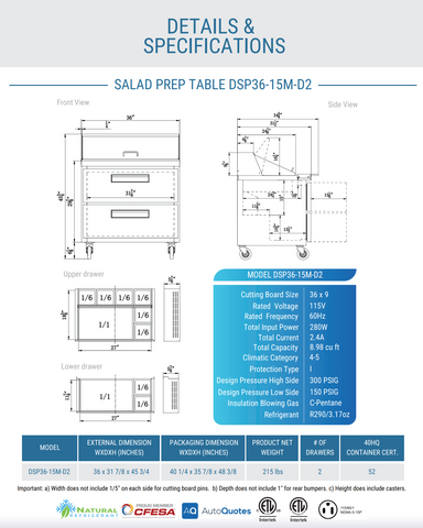 Dukers DSP36-15M-D2 2-Drawer Megatop Commercial Food Prep Table Refrigerator in Stainless Steel