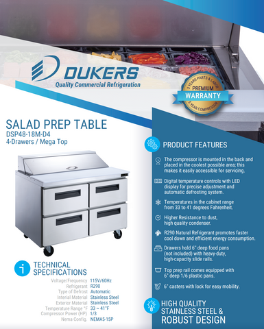Dukers DSP48-18M-D4 4-Drawer Megatop Commercial Food Prep Table Refrigerator in Stainless Steel