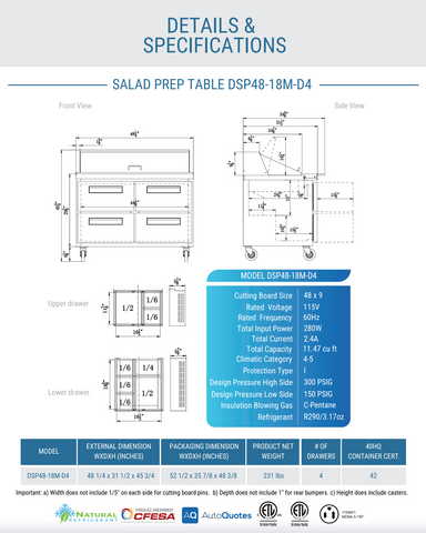 Dukers DSP48-18M-D4 4-Drawer Megatop Commercial Food Prep Table Refrigerator in Stainless Steel
