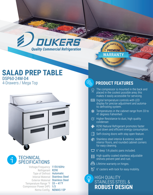 Dukers DSP60-24M-D4 4-Drawer Megatop Commercial Food Prep Table Refrigerator in Stainless Steel