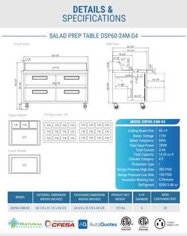 Dukers DSP60-24M-D4 4-Drawer Megatop Commercial Food Prep Table Refrigerator in Stainless Steel