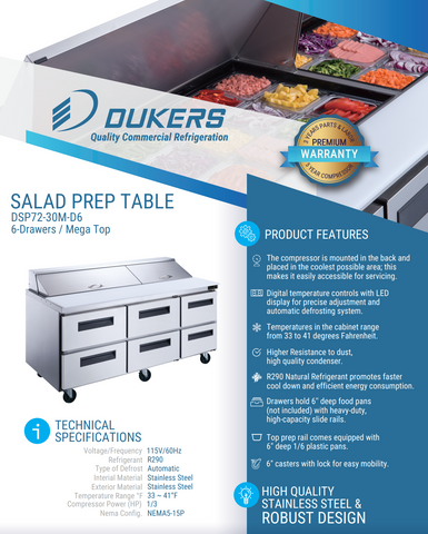 Dukers DSP72-30M-D6 6-Drawer Megatop Commercial Food Prep Table Refrigerator in Stainless Steel
