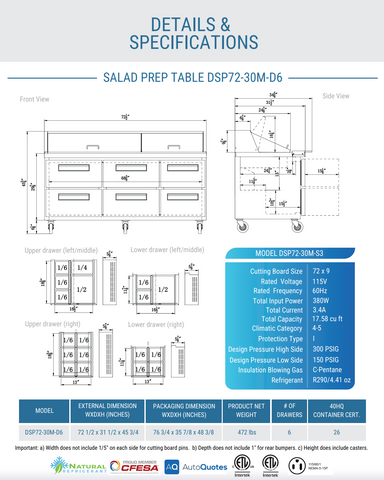 Dukers DSP72-30M-D6 6-Drawer Megatop Commercial Food Prep Table Refrigerator in Stainless Steel