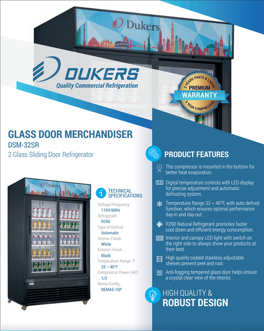 Dukers DSM-32SR Commercial Glass Sliding 2-Door Merchandiser Refrigerator