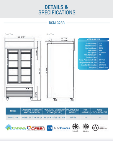 Dukers DSM-32SR Commercial Glass Sliding 2-Door Merchandiser Refrigerator