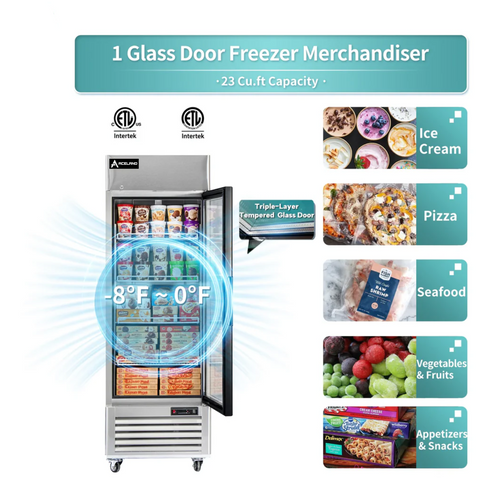 Aceland AF-23BG Reach In Single Glass Door Freezer-23 Cubic Feet