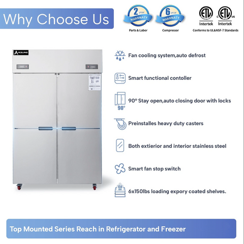 Aceland ARF-128 48" Commercial Refrigerator Freezer Combo 4 Split Door 33 Cu.ft Stainless