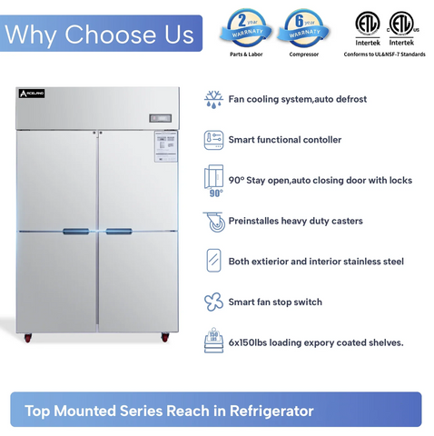 Aceland AR-128  4-door 48” Stainless Steel Reach in Upright refrigerator 33 cu. ft.
