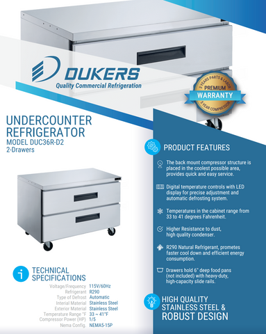 Dukers DUC36R-D2 2-Drawer Undercounter Commercial Refrigerator in Stainless Steel