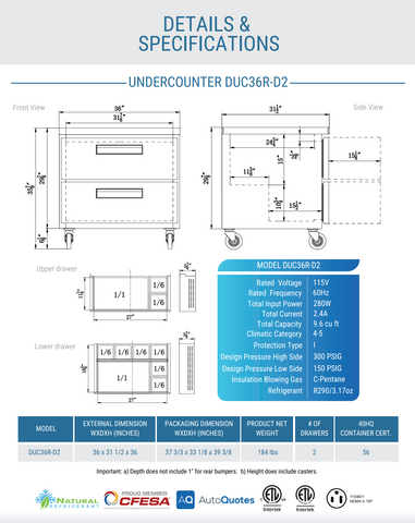 Dukers DUC36R-D2 2-Drawer Undercounter Commercial Refrigerator in Stainless Steel