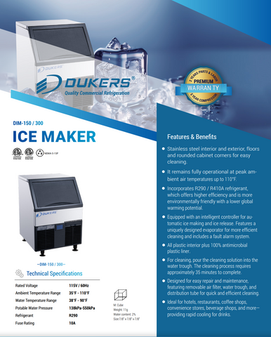 Dukers DIM-300 30" Air Cooled Half Cube 312 lb Undercounter Ice Machine with 88 lb Bin