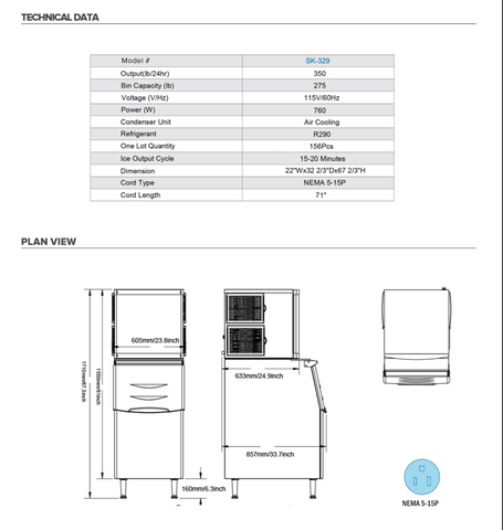 ASK-329S 350 lb. Air Cooled Cube Ice Machine with Bin 230lb.