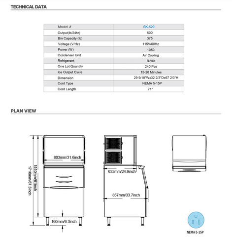 ASK-529S 500 lb. Air Cooled Cube Ice Machine with Bin 275 lb.