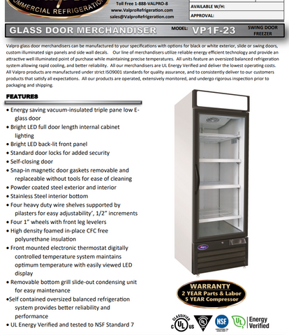 Valpro VP1F-23HC Single Swing Glass Door Merchandiser Freezer 23 Cu. Ft.