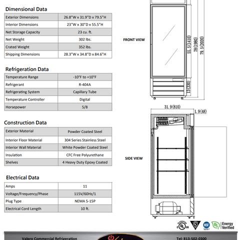 Valpro VP1F-23HC Single Swing Glass Door Merchandiser Freezer 23 Cu. Ft.