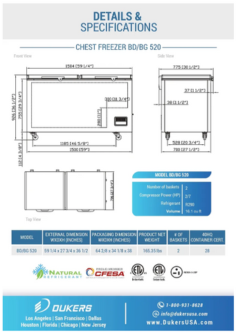 Dukers BD/BG-520 59" CHEST FREEZER WITH SOLID DOOR