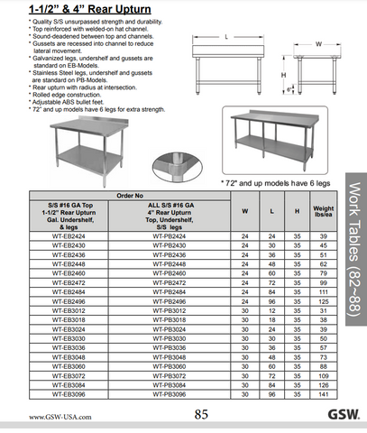 Work Table WT-EB2472- Stainless Steel Top w/ 1-1/2" Rear Upturn