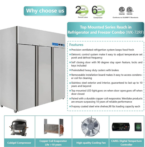 Aceland ARF-72B 72" Reach-in Three door COMBO Refrigerator and Freezer 54 Cu.Ft.