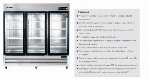 Aceland ICE-83FG 82" W Commercial Display Freezer Merchandiser 3 Glass Door 3 Section Stainless Steel Reach-In Glass Door Upright Air Cooling 72 Cu.Ft