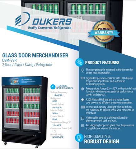 Dukers DSM-33R Commercial Glass Swing 2-Door Merchandiser Refrigerator