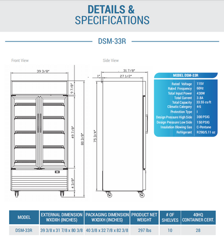 Dukers DSM-33R Commercial Glass Swing 2-Door Merchandiser Refrigerator
