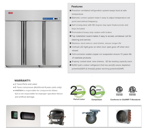 Westlake WK-72R 3 door 72" Stainless Steel Reach in Upright Refrigerator 57 Cu. Ft. (Copy)