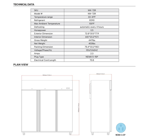 Westlake WK-72R 3 door 72" Stainless Steel Reach in Upright Refrigerator 57 Cu. Ft. (Copy)