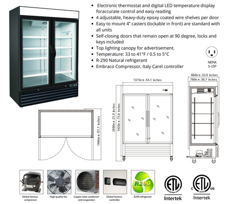 Aceland APR-49BG 54.1" Double Swing Door Merchandiser Refrigerator 43 cu.ft