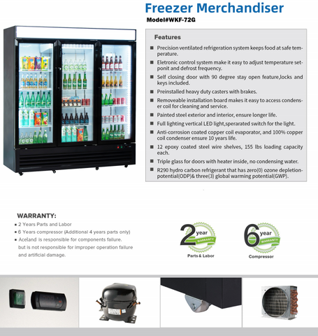Aceland AKF-72BG 72" W Commercial Display Freezer Merchandiser 3 Glass Door 3 Section Stainless Steel Reach-In Glass Door Upright Air Cooling 54 Cu.ft for Restaurant, Bar, Shop, Retail