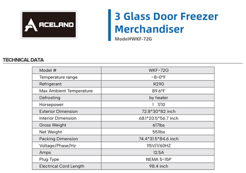 Aceland AKF-72BG 72" W Commercial Display Freezer Merchandiser 3 Glass Door 3 Section Stainless Steel Reach-In Glass Door Upright Air Cooling 54 Cu.ft for Restaurant, Bar, Shop, Retail