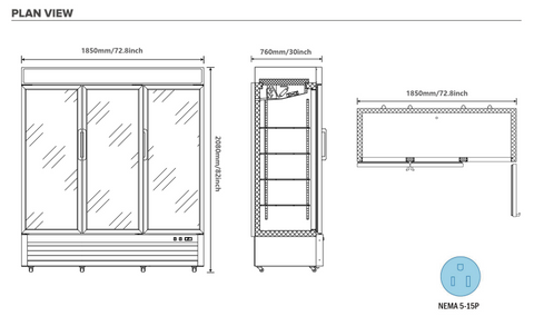 Aceland AKF-72BG 72" W Commercial Display Freezer Merchandiser 3 Glass Door 3 Section Stainless Steel Reach-In Glass Door Upright Air Cooling 54 Cu.ft for Restaurant, Bar, Shop, Retail