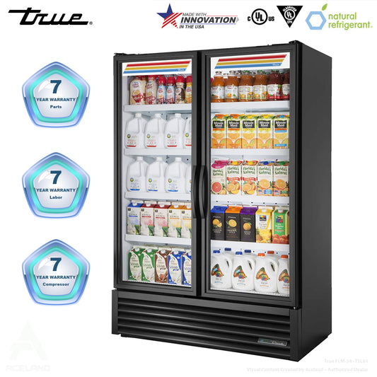 True FLM-54~TSL01 54" Two Section Glass Door Merchandiser w/ Swinging Doors, Black, 115v