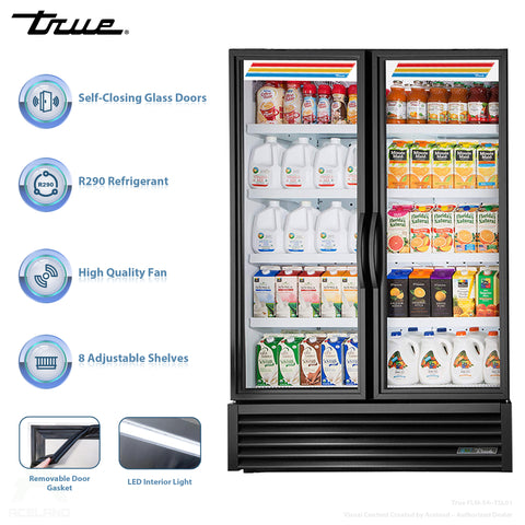 True FLM-54~TSL01 54" Two Section Glass Door Merchandiser w/ Swinging Doors, Black, 115v