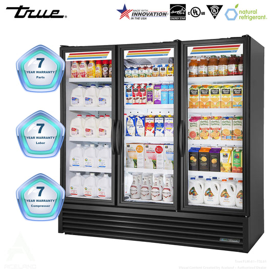 True FLM-81~TSL01 81" Three Section Glass Door Merchandiser w/ Swinging Doors, Black, 115v