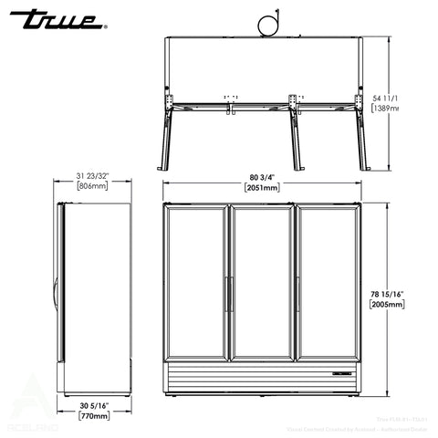 True FLM-81~TSL01 81" Three Section Glass Door Merchandiser w/ Swinging Doors, Black, 115v